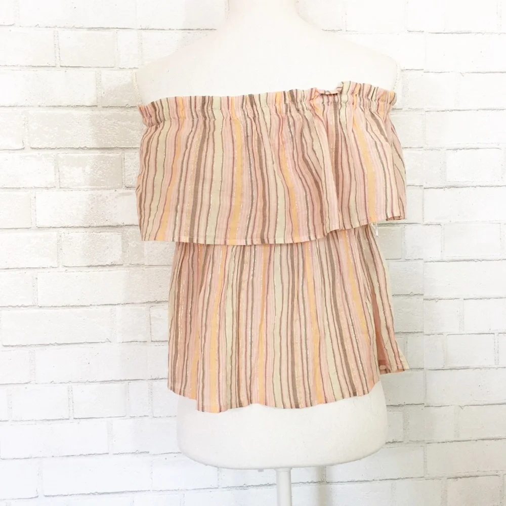 Brand New Lucky Brand Summer Peach Pink Off Shoulder Stripes Shine Top